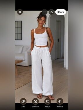 French Connection White Wide-Leg Drawstring Linen Pants